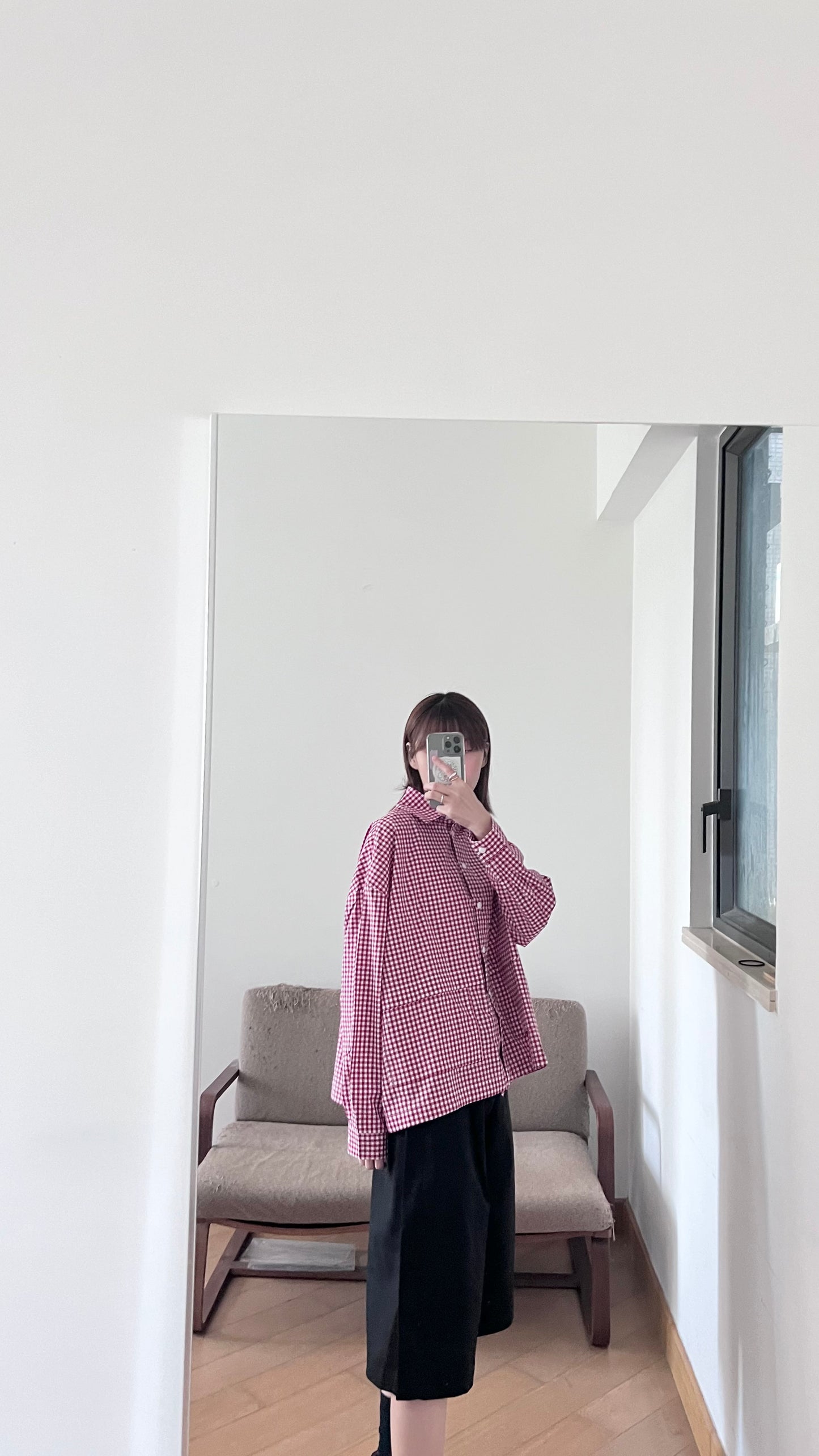 checked shirt jacket in cherry red