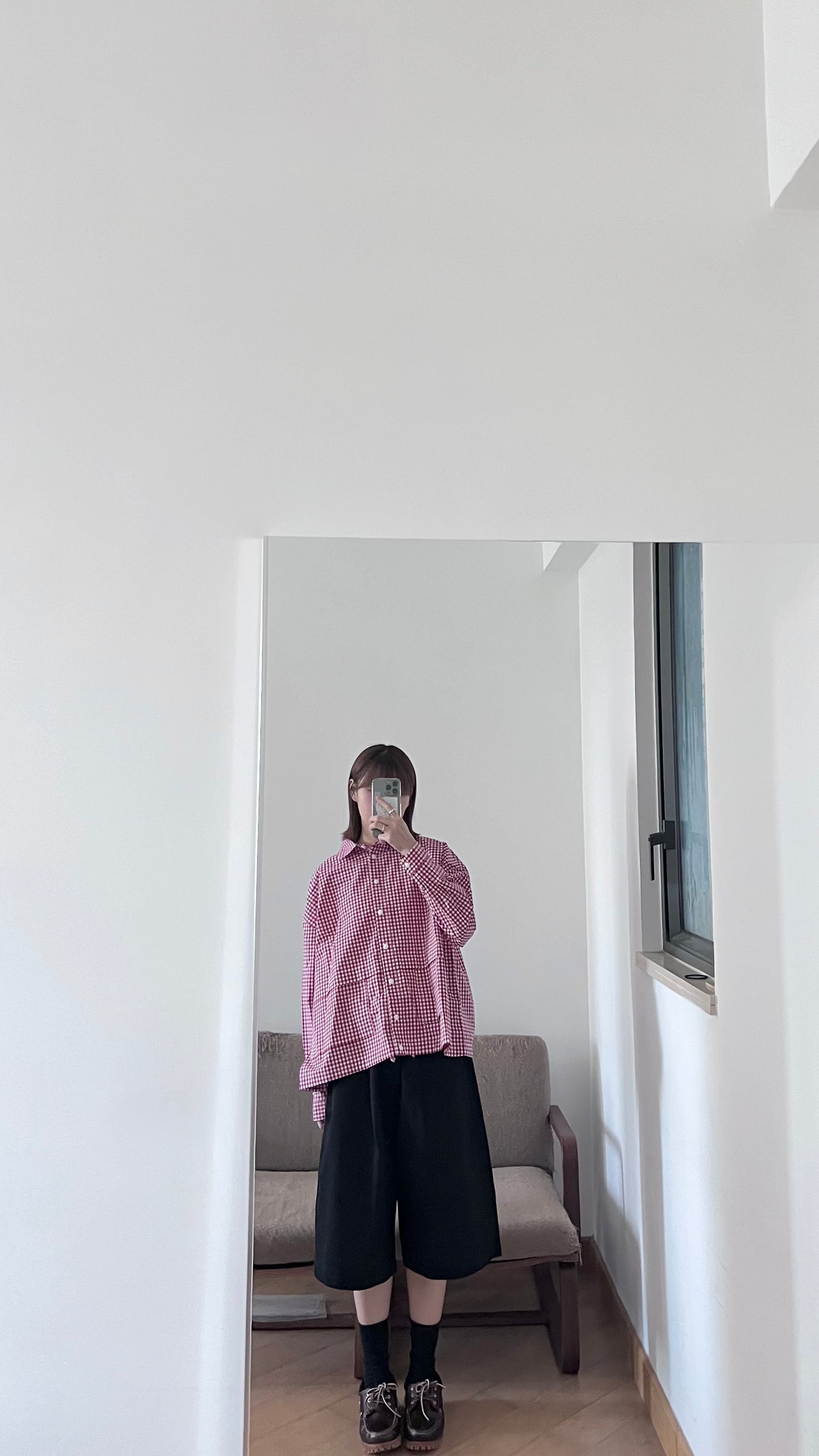 checked shirt jacket in cherry red