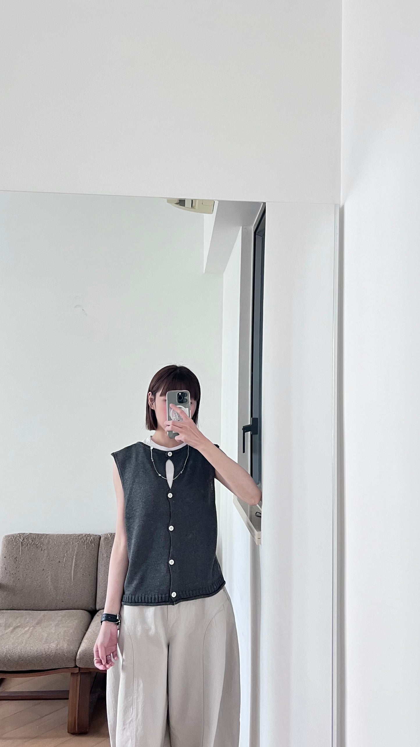 back side button linen vest in charcoal (pre-order)
