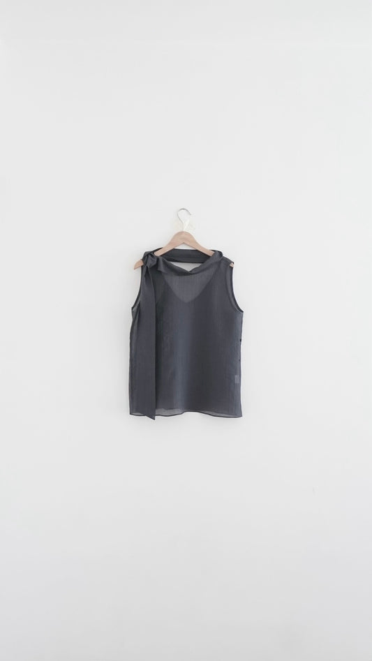 faro sheer draped neck sleeveless top in charcoal (pre-order)