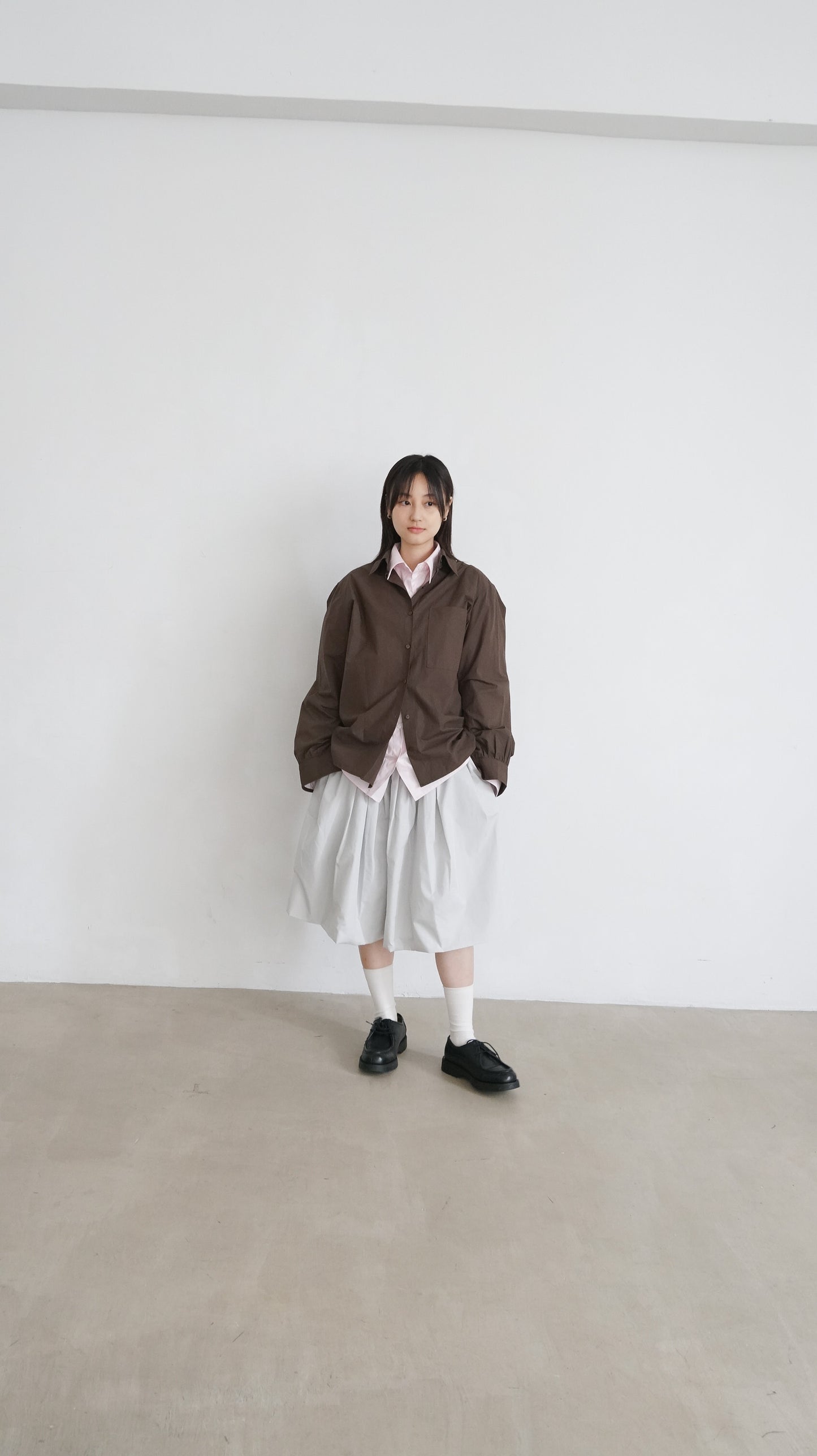 classic off shoulder oversized shirt in brown ( pre-order )