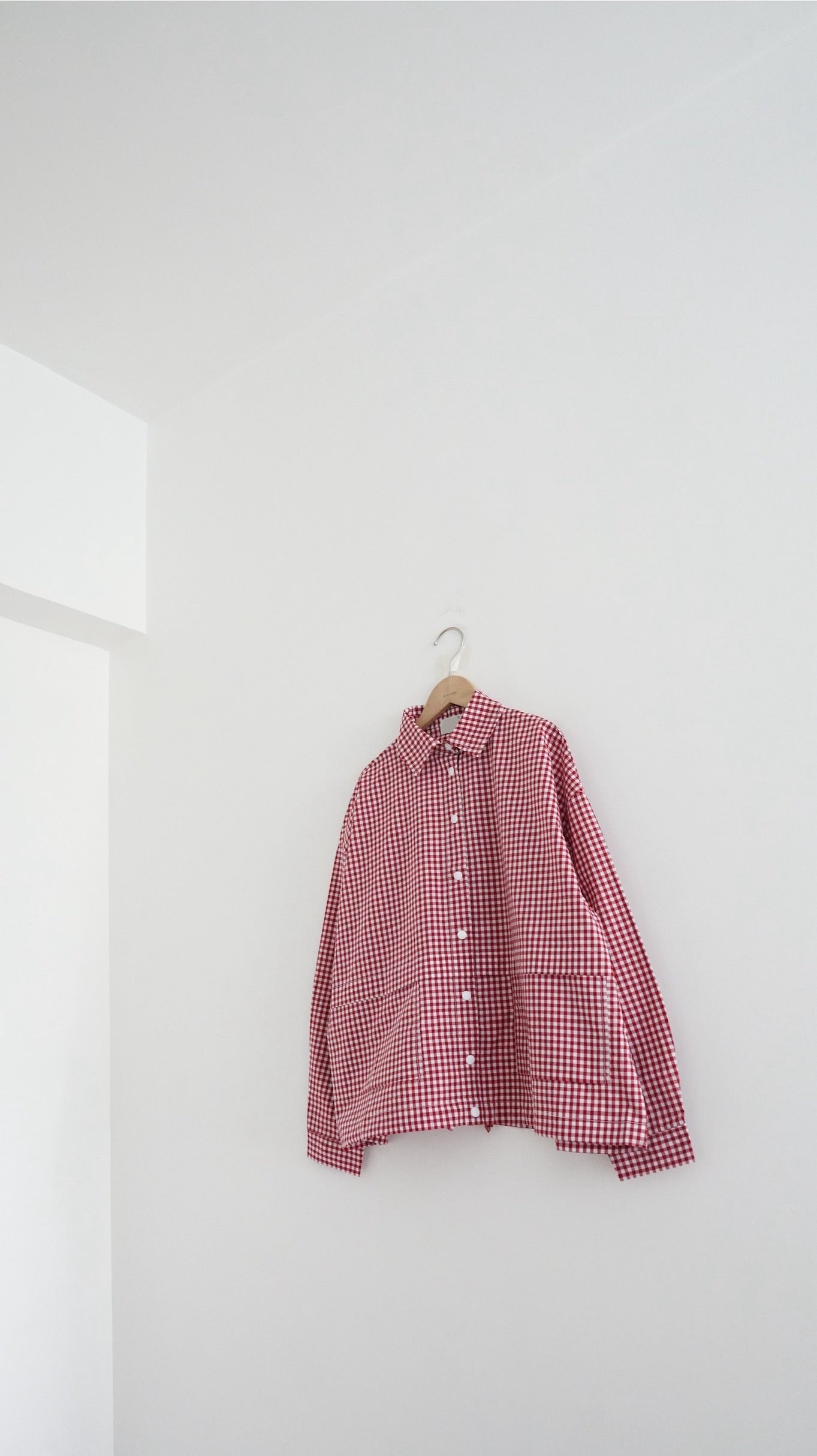 checked shirt jacket in cherry red