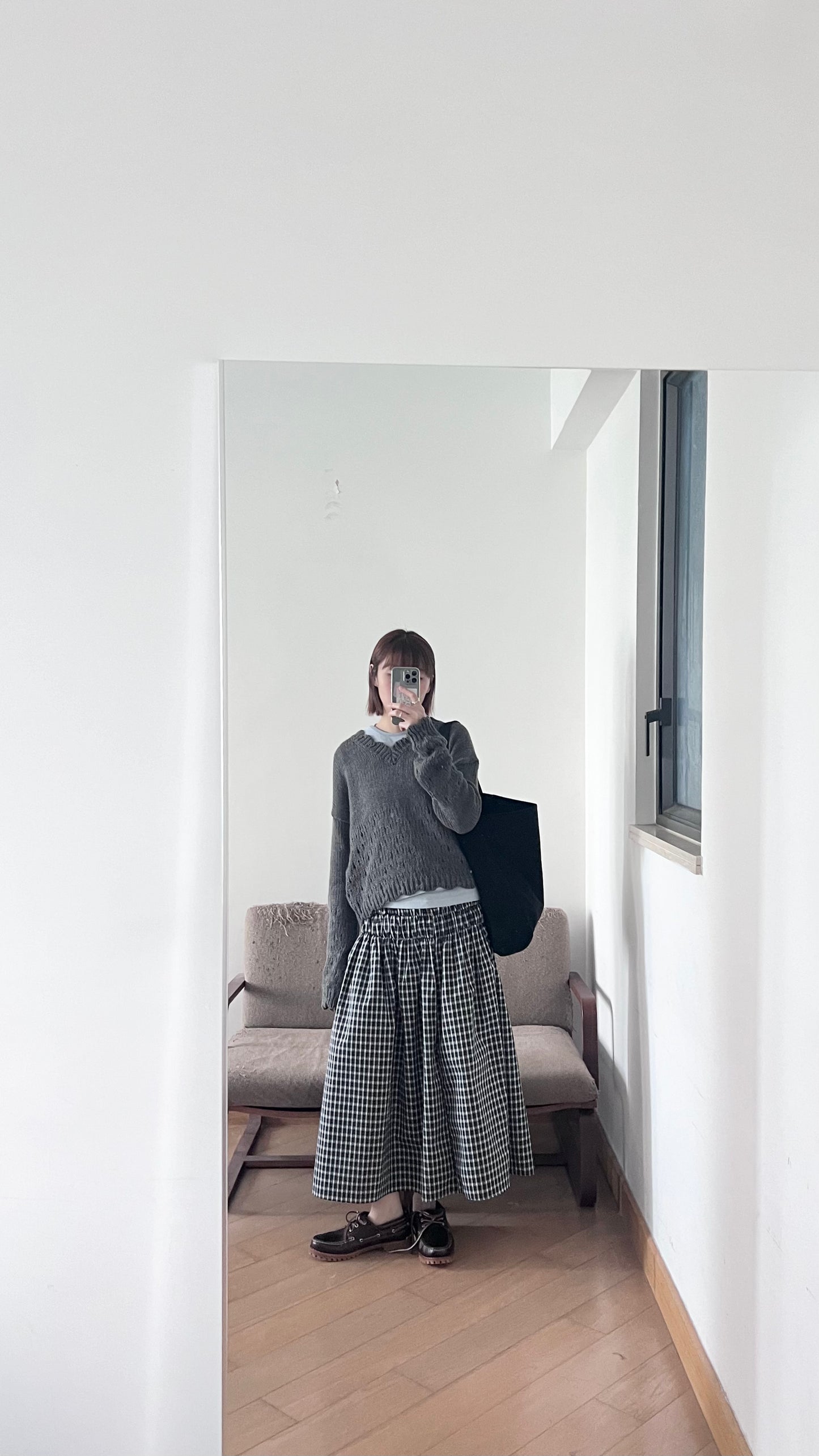 gathered check skirt in black (pre-order)