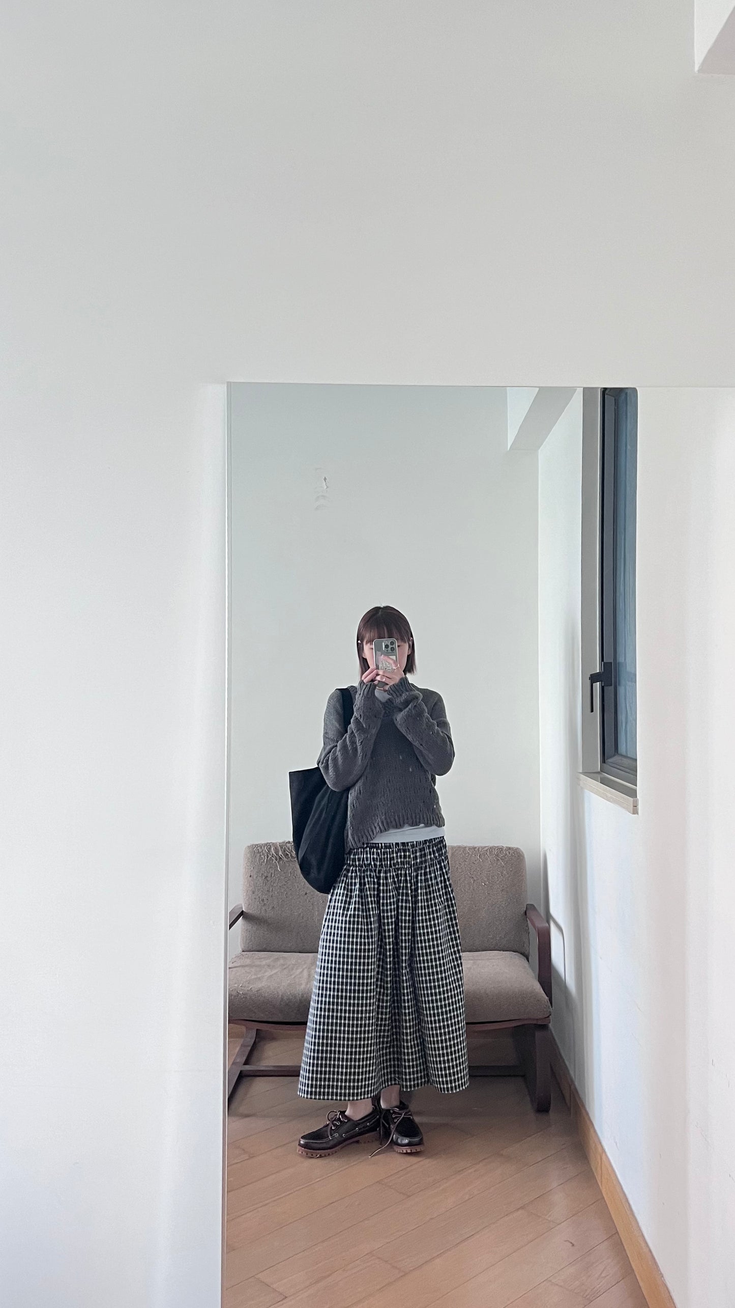 gathered check skirt in black (pre-order)