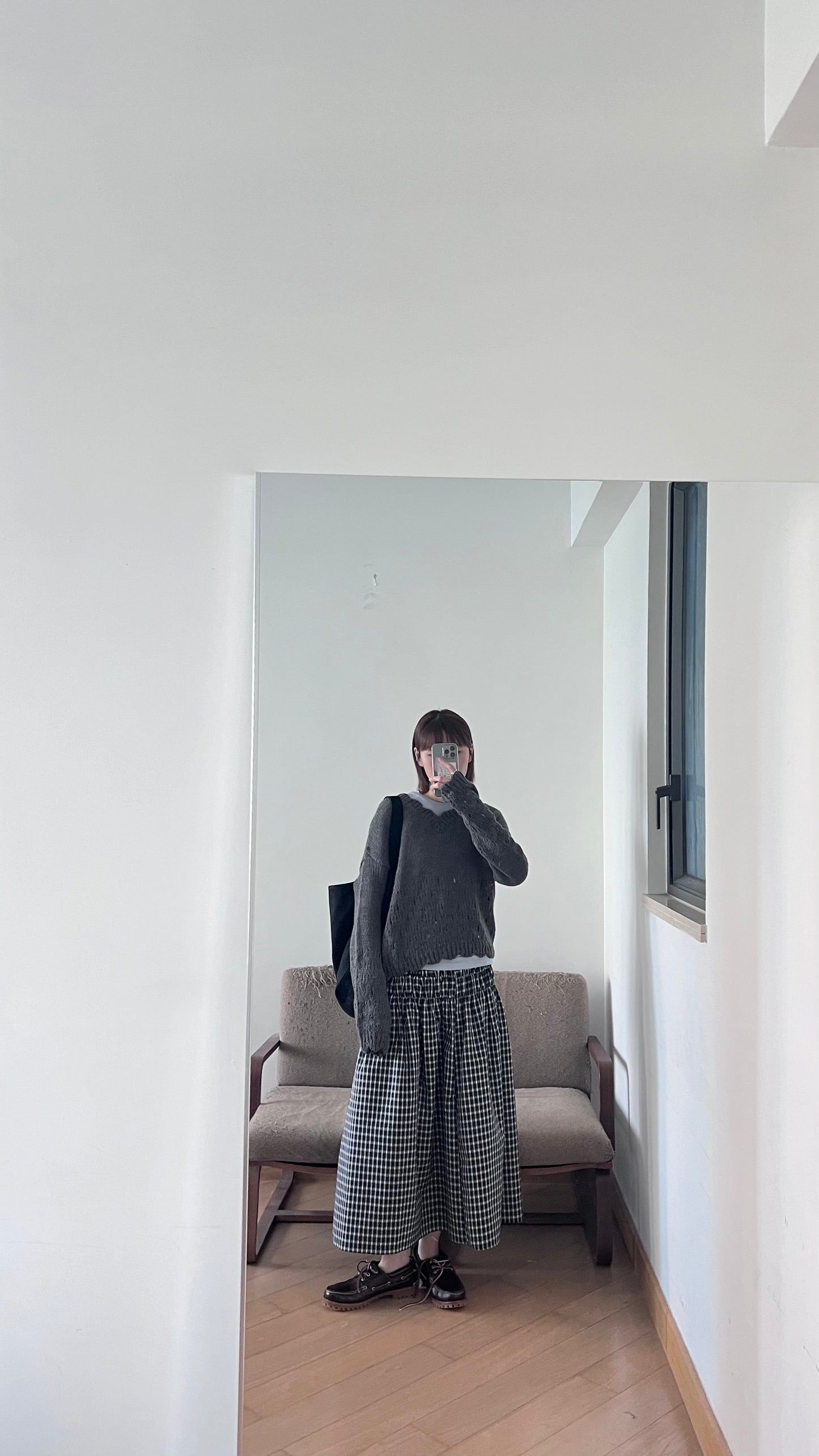 gathered check skirt in black (pre-order)