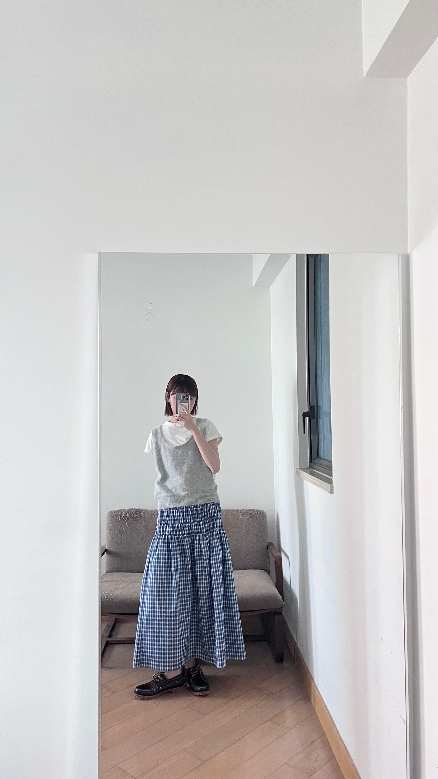 gathered check skirt in blue (pre-order)