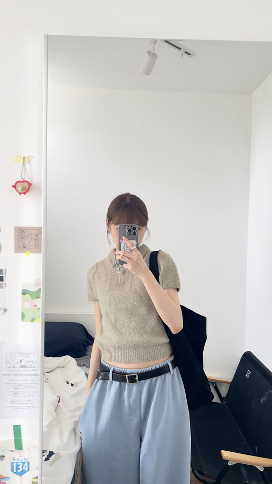 elin sheer polo knit shirt in khaki (pre-order)