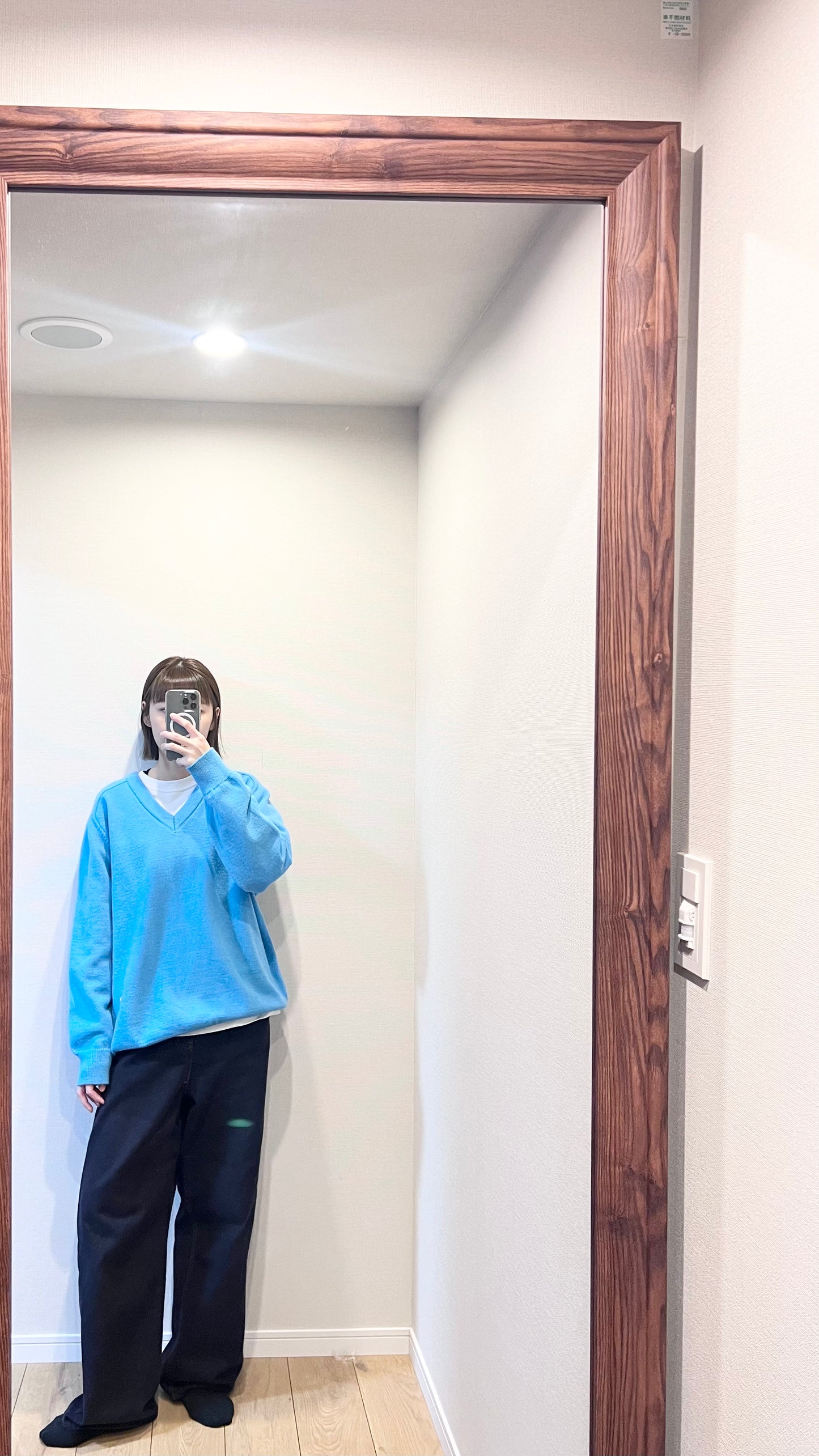 classic gender free v-neck wool sweater in lake blue